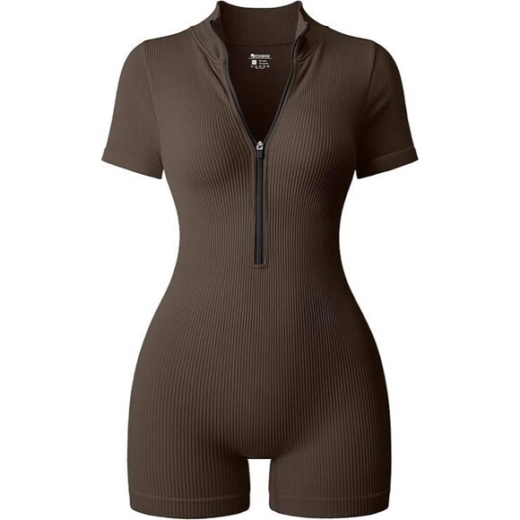 Women Rompers Ribbed Short Sleeve Zip Front Stretch Tummy Control Yoga Workout - Picture 6 of 6